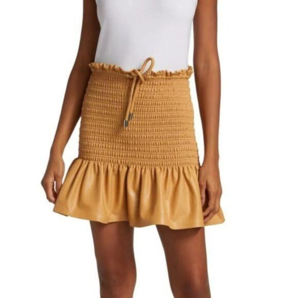 A.L.C. Jenny Smocked Vegan Faux Leather Mini Skirt Petite Grain Tan 4 - Picture 1 of 9